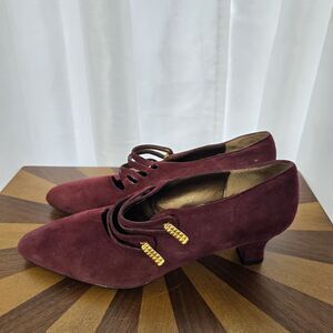 VINTAGE 90s Kitten Heels Shoes Womens 7 C Purple Suede Strappy Fairy Glam
